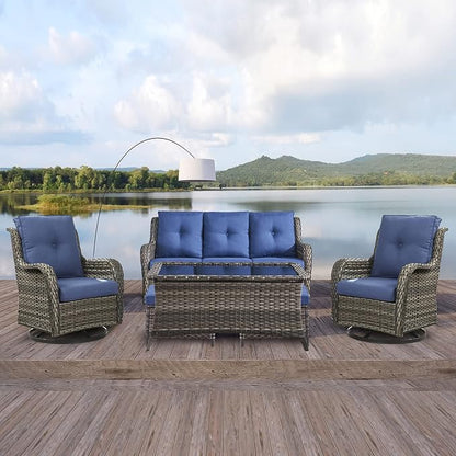 Rilyson Wicker Patio Furniture Set - 6 PC Rattan Outdoor Sectional Conversation Sets with 2 Swivel Rocking Chairs,2 Ottomans,1 Sofa and 1 Coffee Table for Porch Deck(Mixed Grey/Blue)