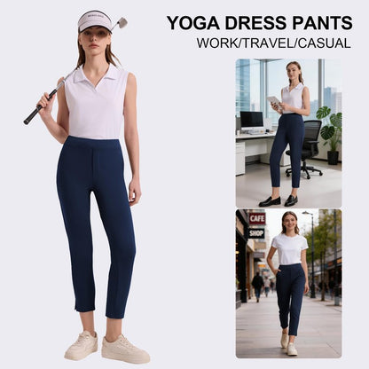 QBK Women's Petite Ankle Pants - 25"/27" Stretchy Business Casual Slacks, Pull On Work Dress Pants with Pockets for Travel, Golf & Yoga(Navy,M,25" Inseam)