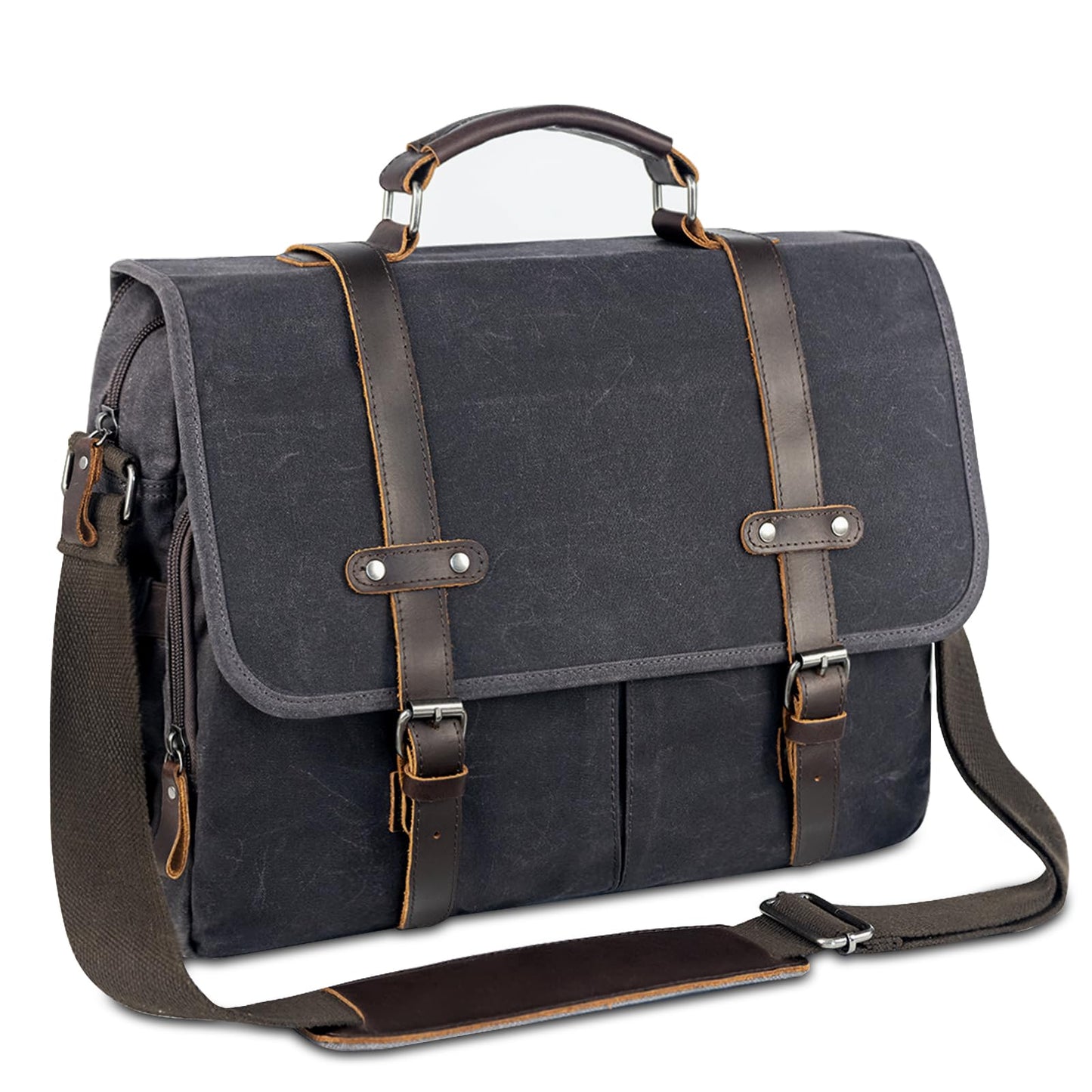 Wogarl 15.6 Inch Messenger Bag for Men Genuine Leather Waxed Canvas Briefcase Large Computer Laptop Bag, Satchel Shoulder Handbags Crossbody Bags for Work (Grey Black)