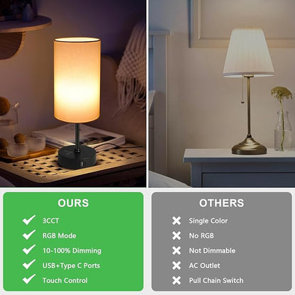Ascher RGB Table Lamp Color Changing - 3 Color Temperatures and Stepless Dimmable Small Bedside Lamp for Bedroom, Touch Control Nightstand Light with Cream Shade for Reading Home Decor Lights