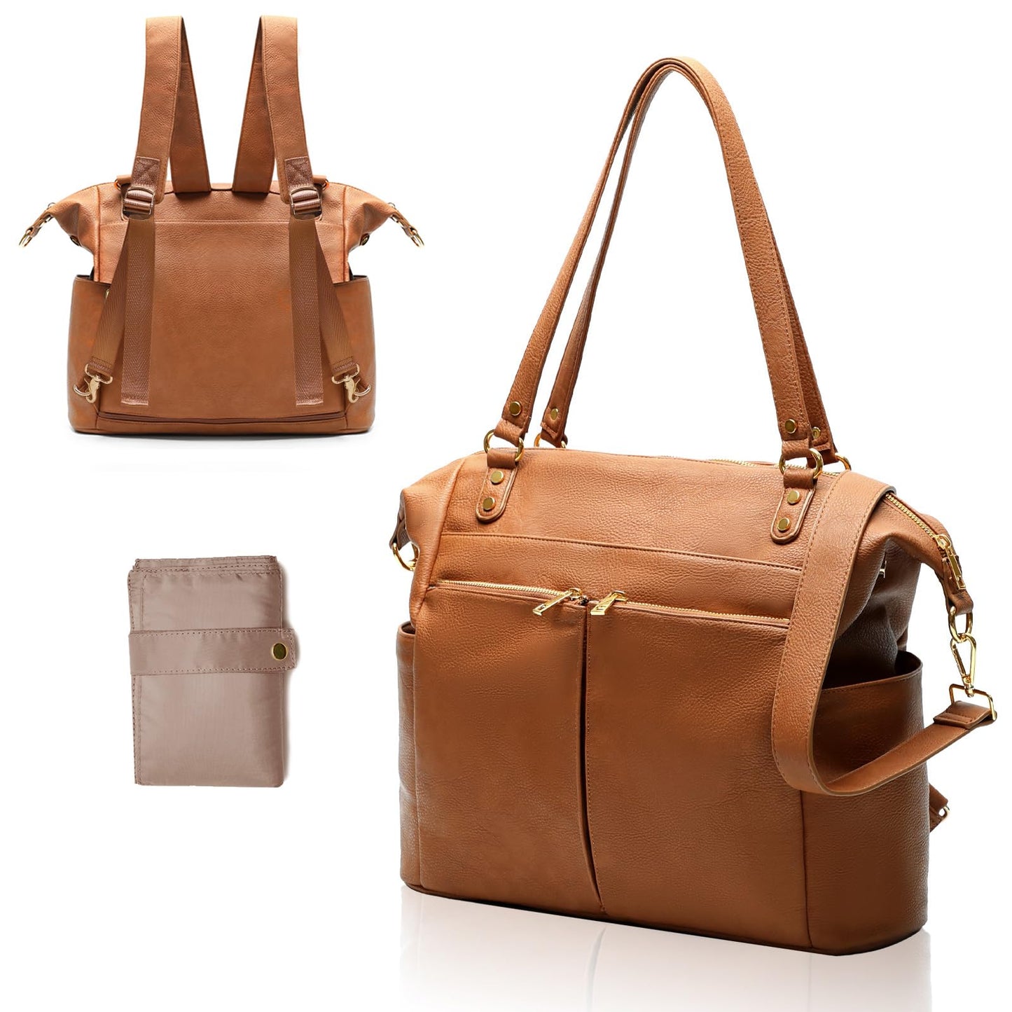 MOMINSIDE Diaper Bag Tote, 4 in 1 Leather Diaper Bag Backpack with 13 Pockets, Convertible Baby Bag for mom,Hospital bag Pañaleras Para Bebe, Changing Pad, 4 Large Insulated Pockets(Brown)