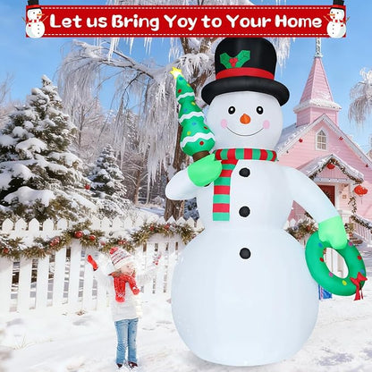 GOOSH 12 FT Christmas Inflatable Snowman Outdoor Decoration Blow Up Yard Giant Cute Snowman with Christmas Tree & Wreath Built-in LEDs for Indoor Party Xmas Garden Lawn Decor