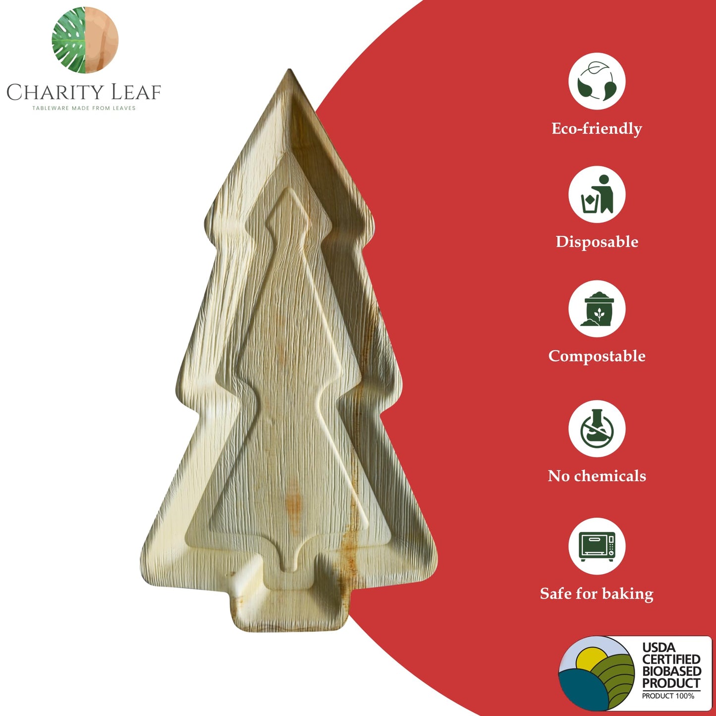 Charity Leaf Disposable Palm Leaf 22"x12" Christmas Plates (5 pieces) Bamboo Like Serving Platters, Disposable Boards, Eco-Friendly Dinnerware For Christmas, Weddings, Catering, Events