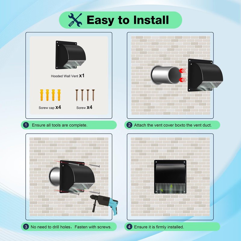 10 Inch Galvanized Steel Hooded Wall Vent, Outdoor Wall Vent Cap with Mesh Cover and Damper for Kitchen, Bathroom, Laundry, Garage Ventilation and Exhaust (Black)