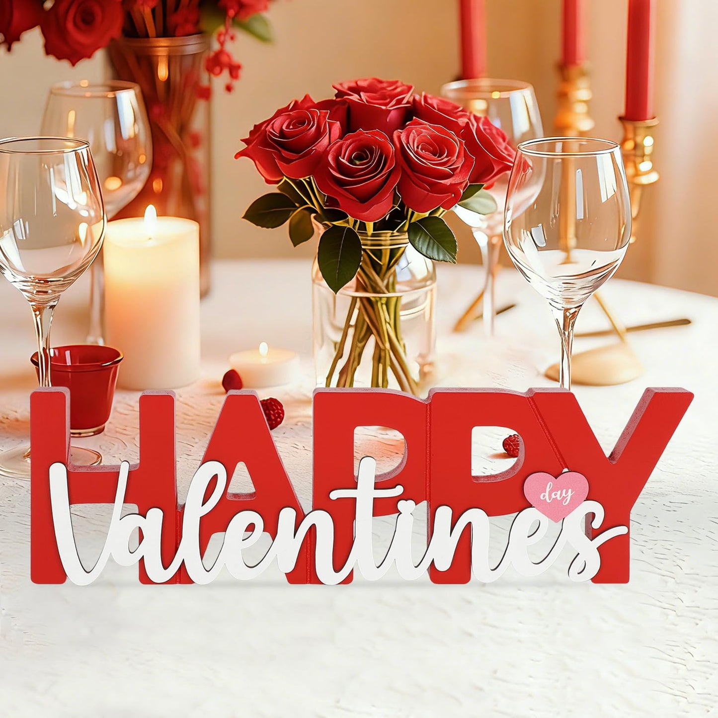 COCHIE Wooden Happy Valentine's Day Sign, Valentine Decorations for Home, Office, Shelf, Mantel, Indoor, Wood Heart Decor, Red Pink Table Top Party Decoration (Valentines)