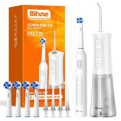Bitvae Water Dental Flosser Teeth Picks, Cordless Water Flosser for Teeth, Braces, Dental Care and Rechargeable Rotary Electric Toothbrush Combo Set, 4 Tips, 4 Brush Heads, Waterproof, Black, C5+R1