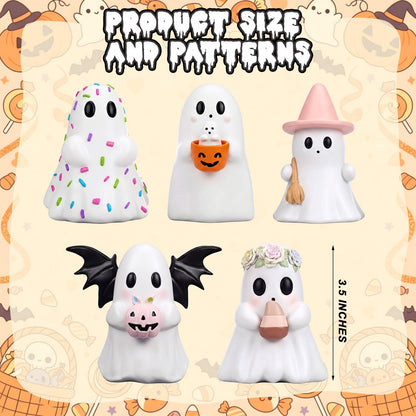 Simgoing 5 Pcs Halloween Cute Ghost Figurines Resin Pastel Halloween Decorations Ghost Figurine with Pumpkin Bucket, Witch Hat, Bat, Candy, Flower Spooky Statue Home Decor for Table Tiered Tray Mantel