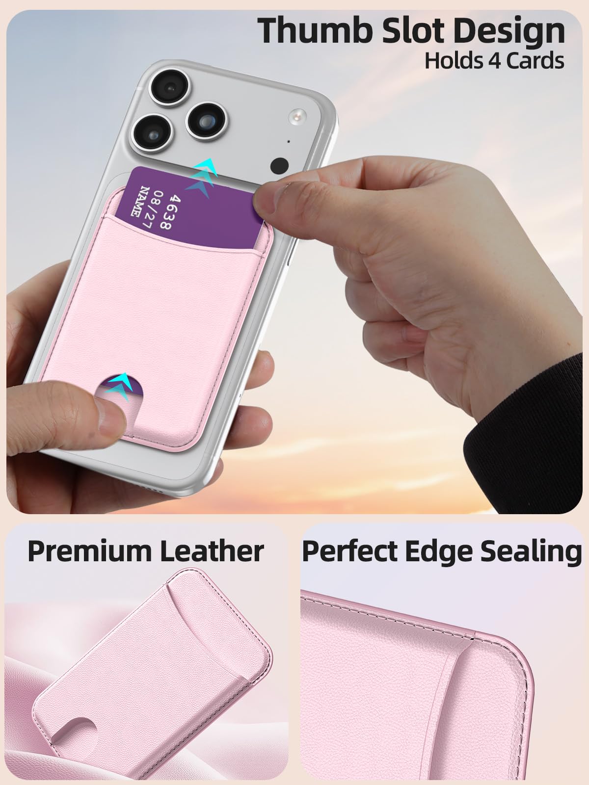 Miroddi for Magsafe Wallet, Magnetic Card Holder for iPhone 17/16/15/14/13/12 Series, Leather Magnet Phone Wallet Fit 4 Cards 3 Cash, Ultra-Thin, RFID Blocking, Light Pink
