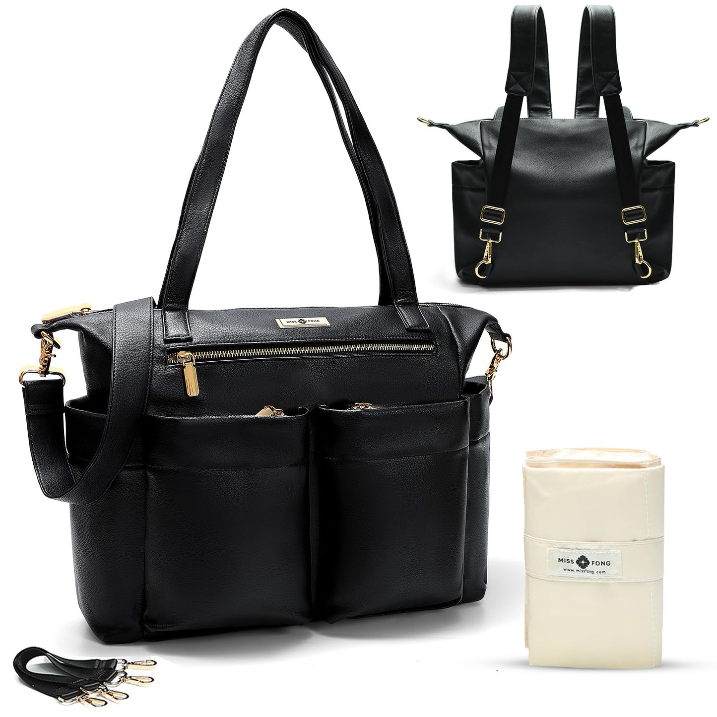miss fong Diaper Bag Tote Leather Diaper Bag Backpack Pañaleras Para Bebe with 15 Pockets,Leather Diaper Tote with Diaper Changing Pad, Baby Bag for Moms Mommy Bag for Women-Black