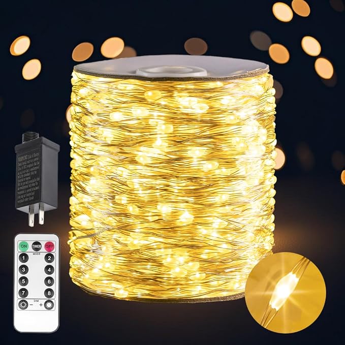 Warm White 100Ft Plug in Fairy Lights Silver Wire 300 LEDs, 8 Modes, Waterproof, Remote - Controlled for Bedroom, Garden, Party, Christmas, Wedding & Birthday Decor, Indoor & Outdoor Use