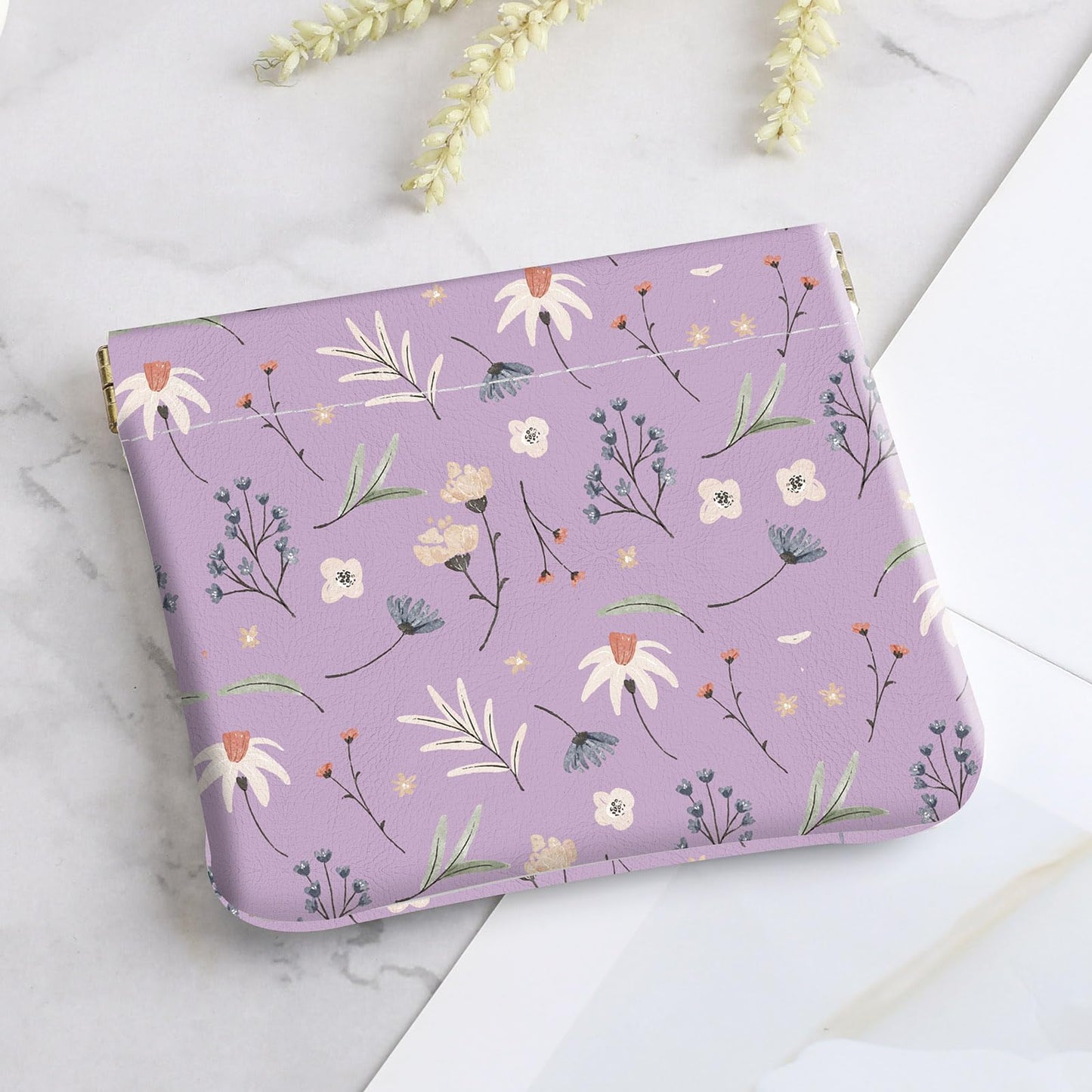 2Pcs PU Leather Small Squeeze Coin Purse Pouch Mini coin Bag Unique And Cute Wallet Cosmetic Bags Change Bag For Women Girls Men White And Purple Floral