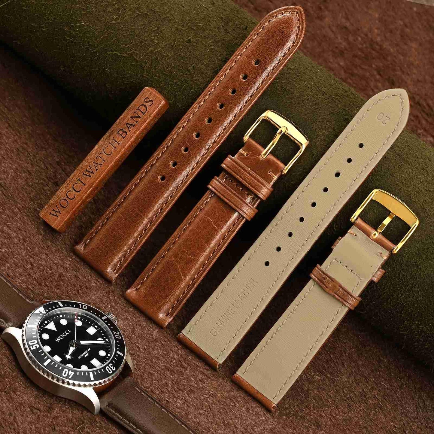 WOCCI 20mm Vintage Leather Watch Band for Men and Women, Gold Buckle (Gold Brown)