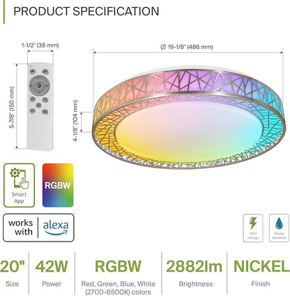 ASD 20 Inch Smart RGBW Flush Mount Ceiling Light with Remote - Brushed Nickel 42W 120V 2700-6500K Dimmable Ceiling Light Fixture, WiFi App Control RGB Lights, Alexa & Google Assistant - ETL, 2 Pack