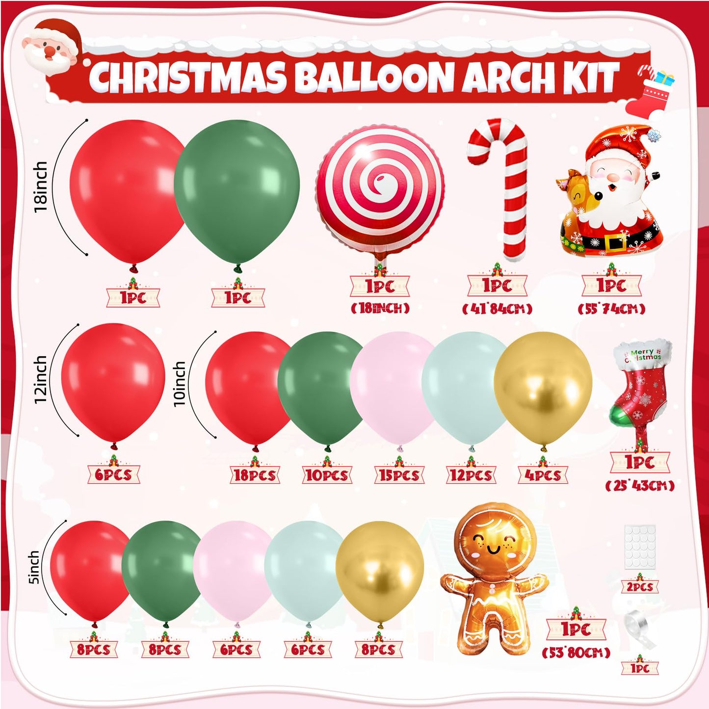 Christmas Balloon Arch Kit,108 Pcs Gingerbread Man Balloon Garland Kit, Sage Green Pink Red Latex Balloons Santa Claus Foil Balloons Candy Cane for Xmas Birthday New Year Christmas Party Decorations