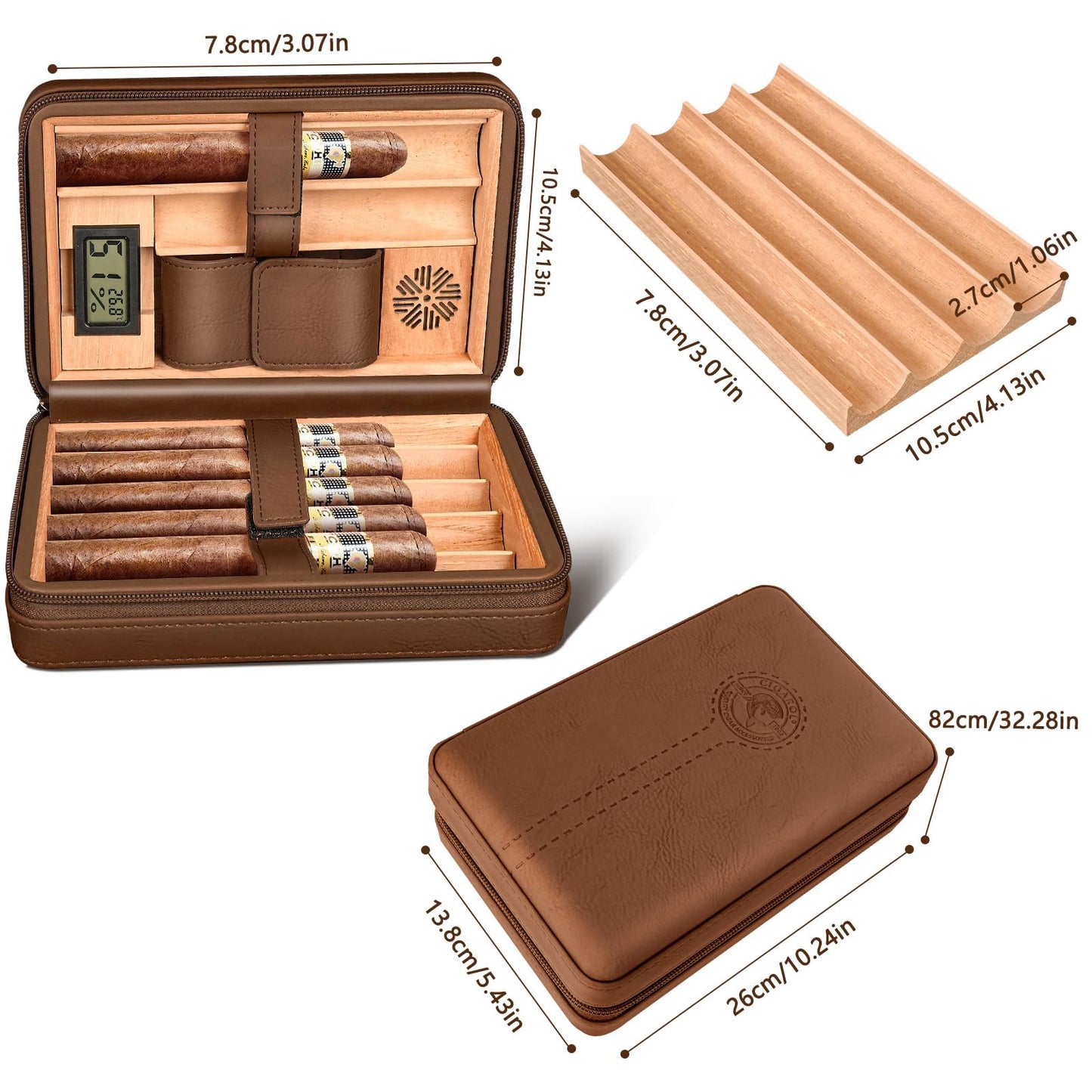 Cigarol Cigar Humidor Case, Leather Travel Humidor Case, Portable Cedar Wood Lined Cigar Box with Digital Hygrometer & Humidifier Accessories, Holds 6 Cigars, Gifts for Men (Brown)