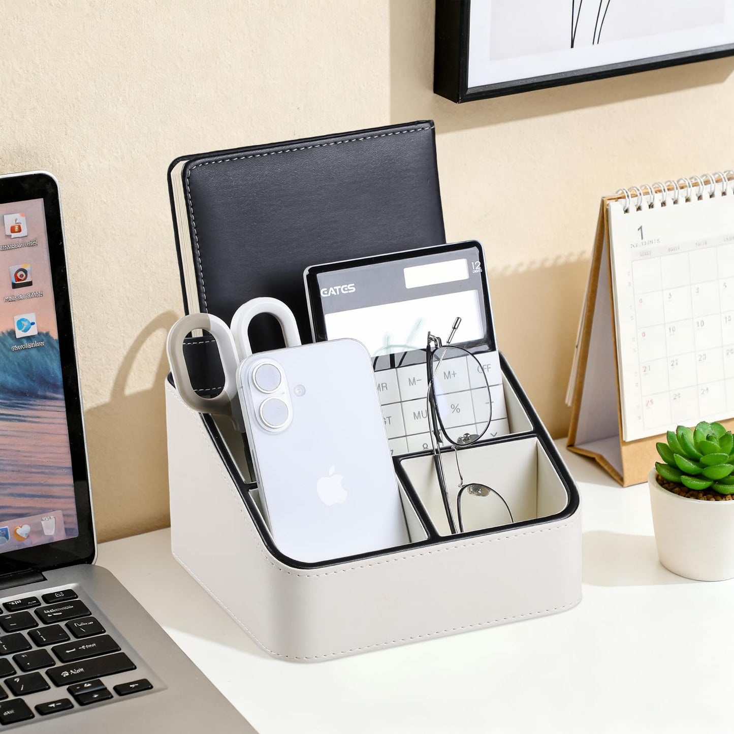 MEIBOOCH Remote Control Holder, PU Leather Small Desk Organizer with 4 Compartments, Nightstand Organizer Office Desk Accessories Desk Caddy for Countertop Bedside End Table (Cream)