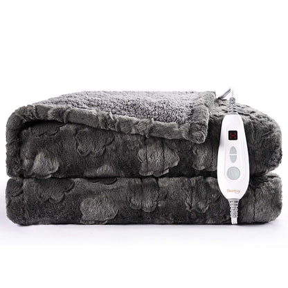 Bearhug Electric Blanket King Size 100" x 90", Dual Controller Heated Blanket, White Flower Patterns Faux Fur & Warm Sherpa, 10-Heat Levels & 1-12H Auto Off,ETL, Machine Washable