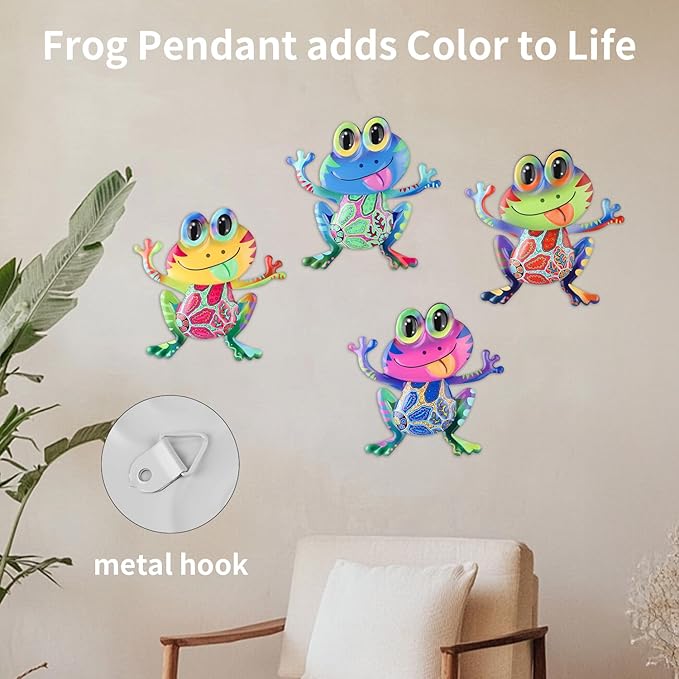 Metal Frog Wall Decor, 4Pcs Frog Iron Wall Art Sculptures Art Frogs Wall Hanging Sculpture Decoration. Outdoor Fence Art for Home Garden, Fence, Patio, Yard, Bedroom Outside Gifts for Adults