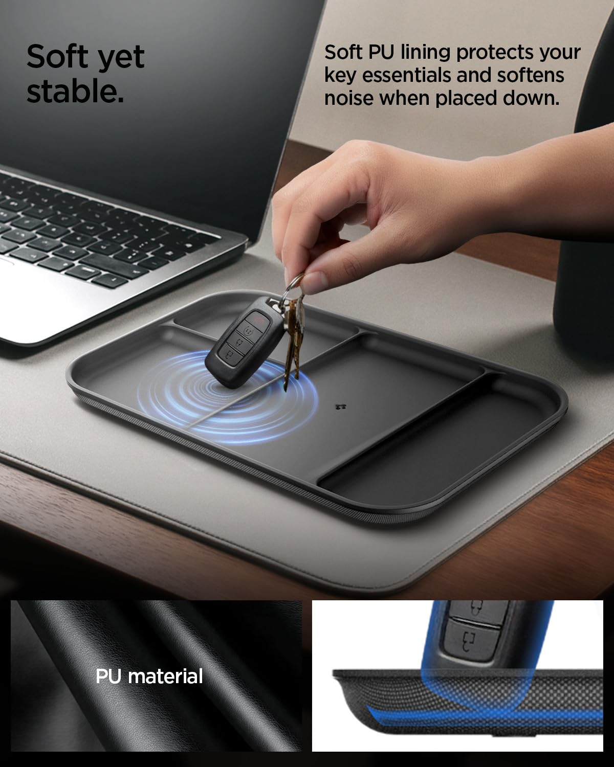 Spigen Modern Valet Tray Premium PU Storage Stylish Organizer Designed for Entryway Bedside Nightstand Desk for Key, Wallet, Watch, Phone, Jewelry, and Everyday Carry Accessories - Black (Sectional)
