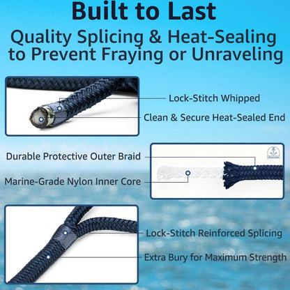 PACTHSD Double Braid 1/2" x 15' Boat Dock Lines (4-Pack) – Nylon Boat Ropes for Docking with 12" Spliced Eye – Heavy Duty Marine Rope – Soft & Durable Boat Lines for Pontoon and Light Boat (Navy Blue)