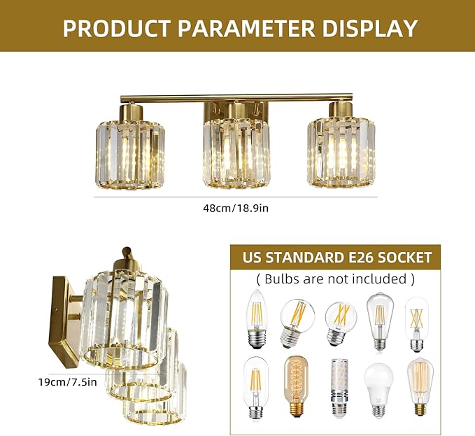 3 Lights Bathroom Vanity Light Fixtures, Modern Crystal Wall Lighting Fixtures, Wall Sconces, Wall Lamp for Over Mirror, for Bedroom Living Room Hallway