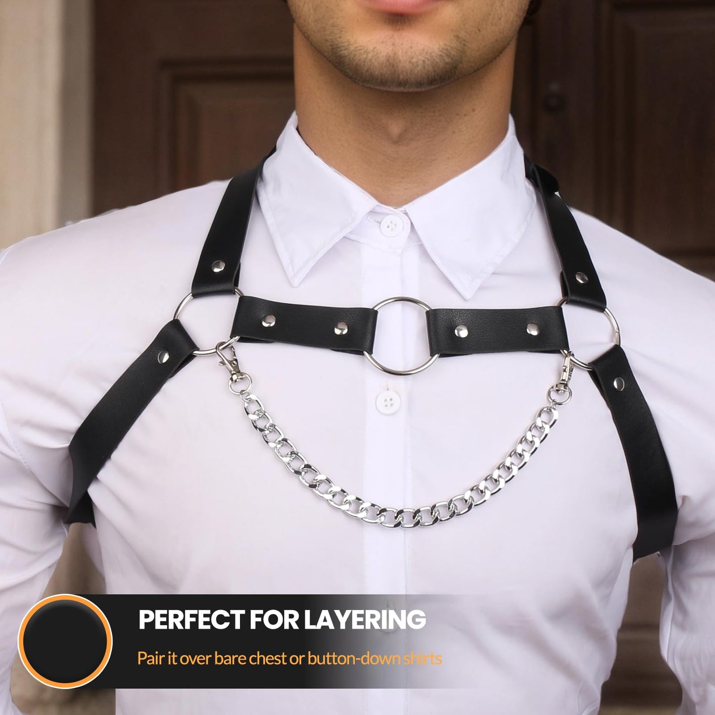 Men's PU Leather Chest Harness Belt with Chain, Adjustable Neck Harness Belt for Men, Male Punk Chest Shoulder Harness for Punk Cosplay, Muscle Show Clubwear Nightclub Stage Party Outfits X025