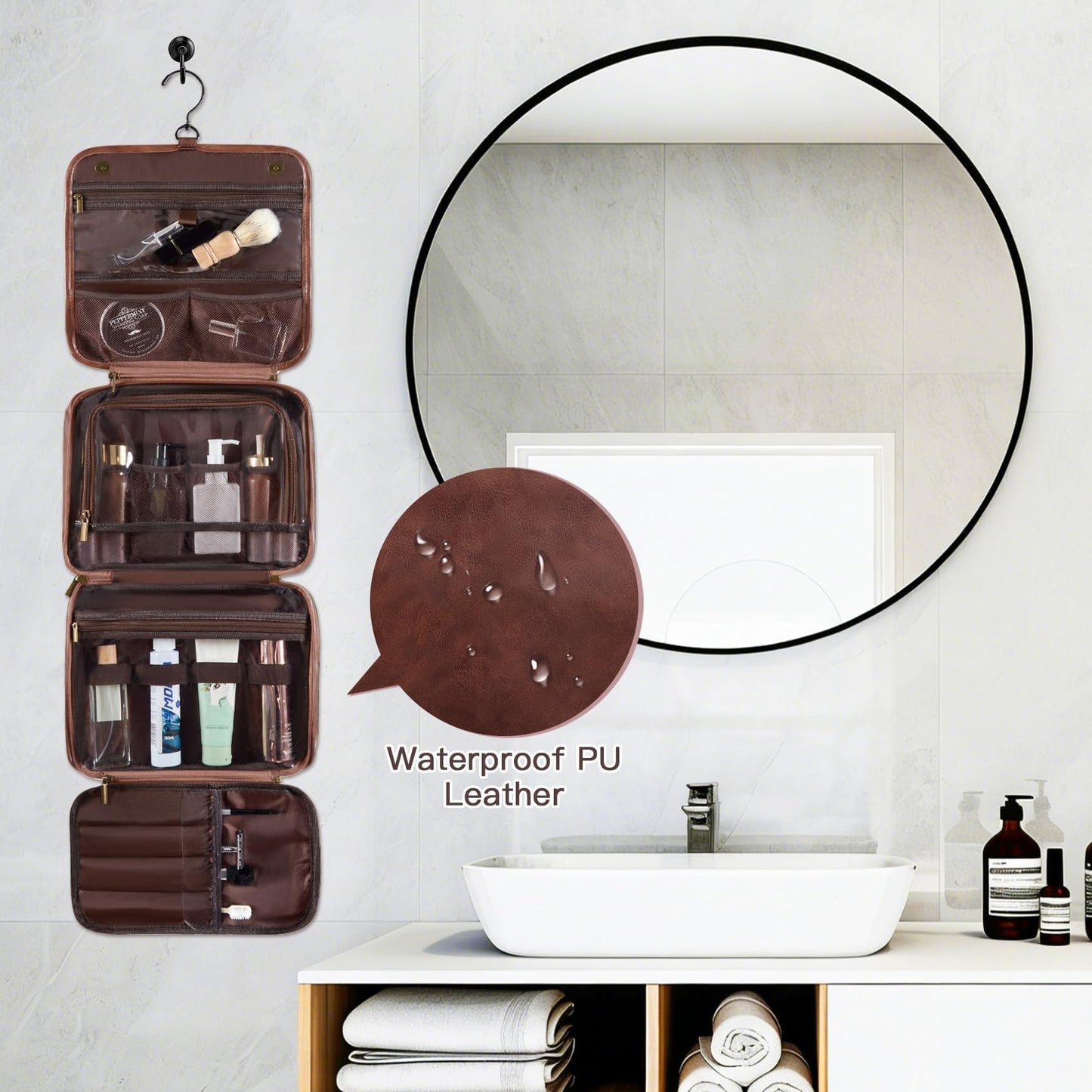Aganmi Personalized Hanging Toiletry Bag Travel Gifts for Men Him, 3-in-1 Large Laser-Engraved Initial Waterproof PU Leather Shaving Bag Valentines Birthday Gift for Men Dad Husband Reddish Brown M
