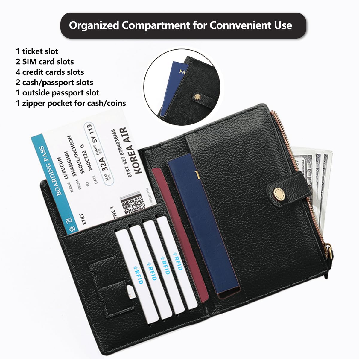 Slim RFID Blocking Passport Holder Wallet,PU Leather Travel Card Organizer,Lightweight Passport Case for Women Men (Black)