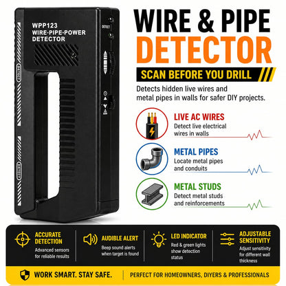 WPP123 Wire & Pipe Detector – Detects Live AC Wires & Metal Pipes in Walls – LED & Sound Alerts – Adjustable Sensitivity – DIY Indoor Wall Safety Tool (High Sensitivity)