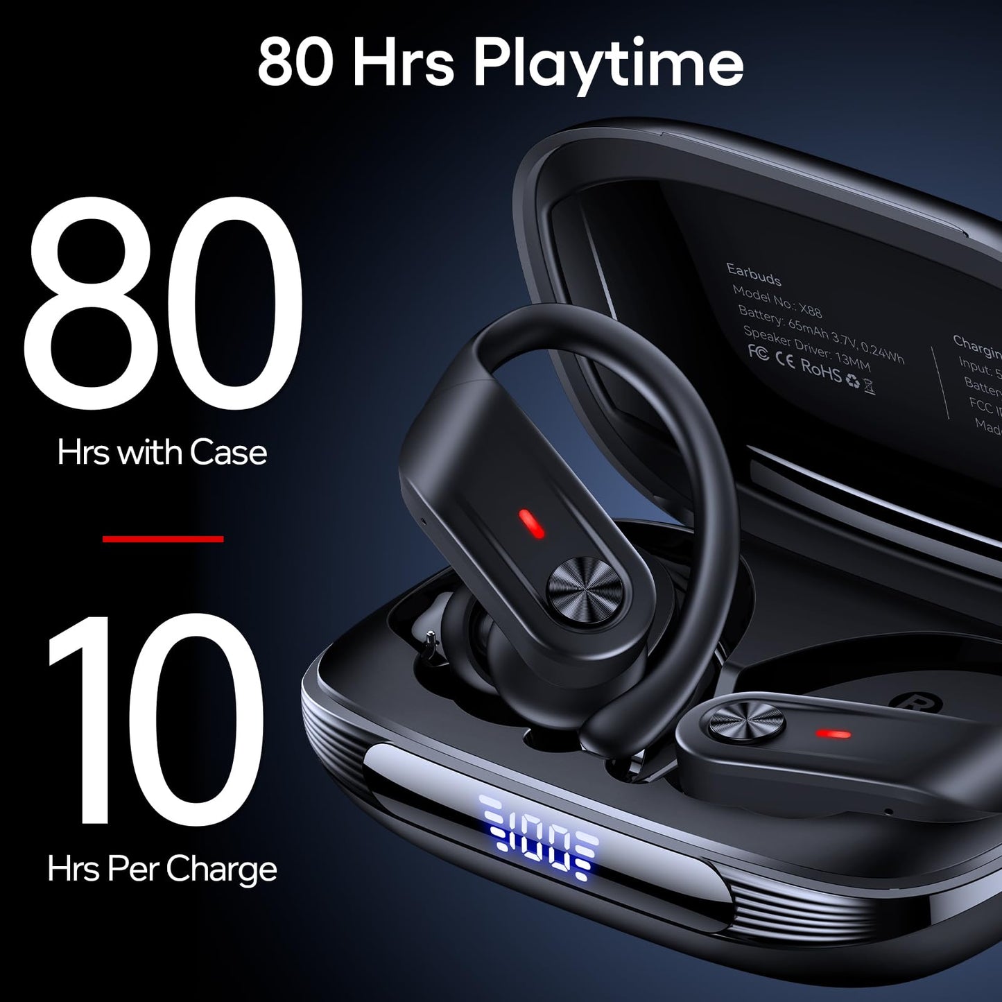 Hybrid Active Noise Cancelling Ear Buds Wireless 80 Hrs Playtime Hi-Res Stereo Quality Earbuds with Transparency Mode Bluetooth Headphones with Earhooks Sports ANC Earphones for Running Working Travel