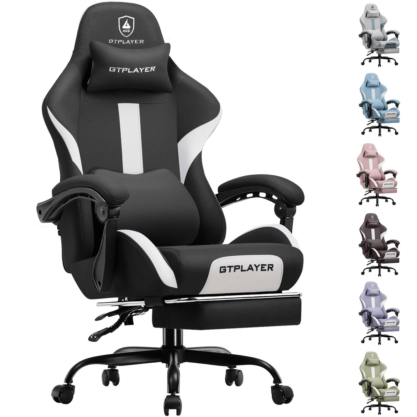 GTRACING Gaming Chair with Foot Rest & Pocket Spring Cushion, Breathable Fabric for Home Office Desk, Ergonomic High Back Computer Chair with Headrest & Lumbar Support, Black