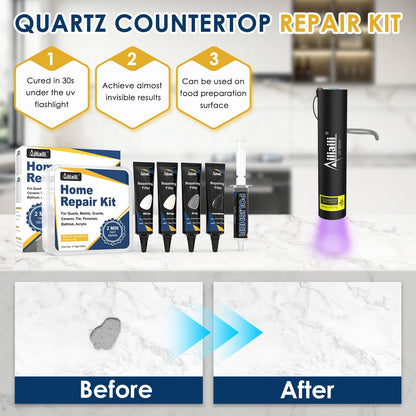 Quartz Countertop Repair Kit, Granite & Marble Repair Kit with 4*15g Filler(White,Beige, Gray,Clear), 30s Fast Repair Chip, Hole, Scratch, Crack on Fiberglass, Porcelain, Ceramic Tile, Bath Tub, Sink