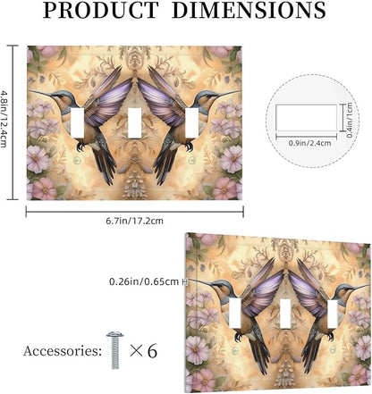 Decorative Art Light Switch Covers Blossom & Hummingbird 3 Gang Triple Toggle Wall Plate Decorative Switch plate Electrical Faceplate for Home Decor