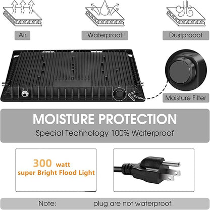 2 Pack 300W LED Flood Light Outdoor,2000W Equivalent 43500LM 5000K Daylight White Super Bright FloodLight with Plug,IP66 Waterproof Commercial Lighting for Sports Fields,Counts,Arena,Stadium