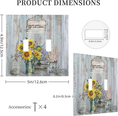 Sunflower Vintage Barn Wooden 2 Gang Light Switch Plate Cover Sun floral Double Toggle Wall Plate Decorative Switchplate Electrical Faceplate Farmhouse Home Livingroom Decor