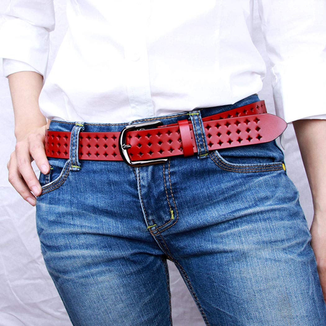 VONSELY Genuine Leather Belts for Women Hollow Out Design, Soft Leather Womens Belts with Pin Buckle, Red Leather Belt