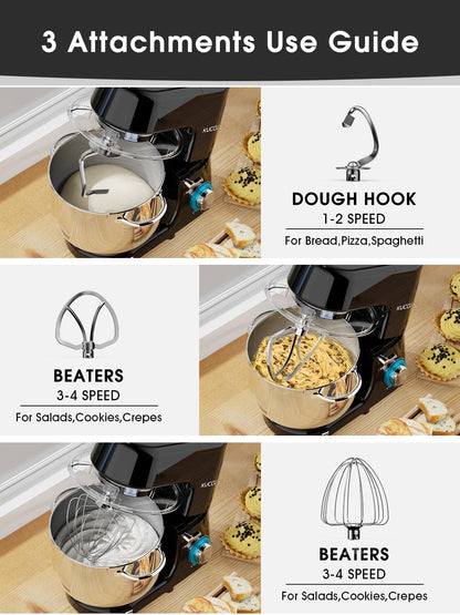 9.5 QT Double Handle KUCCU Stand Mixer, 6 Speed with Pulse Electric Kitchen Mixer, 660W Tilt-Head Food Mixer with Dishwasher-Safe Dough Hook, Flat Beater, Whisk, Splash Guard for home baking (Silver)