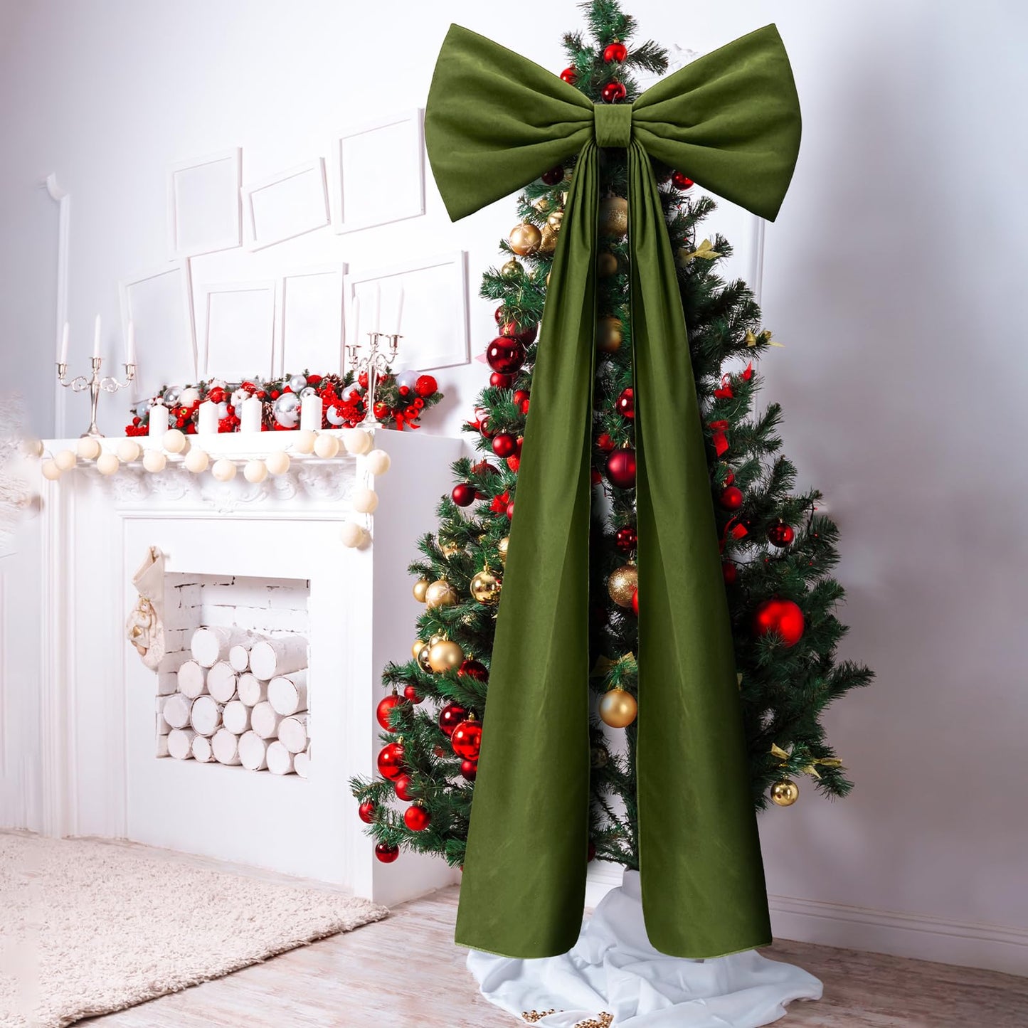 Knitgrip 20 x 71 Inches 1 Pack Christmas Extra Large Velvet Bows Christmas Tree Topper Bow Decor Giant Xmas Front Door Bows with Long Streamers for Home Wreath Wall Backdrop Party (Moss Green)