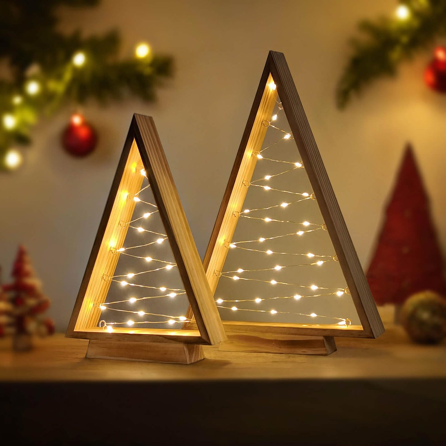Leejec LED Wooden Christmas Tree Light, Modern Farmhouse Tabletop Christmas Décor, Table Fireplace Mantle Shelf Decorations, Set of 2 (14.3" and 10.7" Tall)