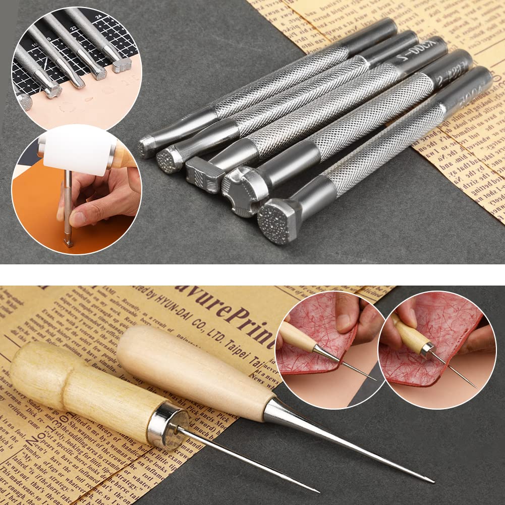 TLKKUE Leather Working Kit - Beginner's Leather Crafting Tool with Storage Bag, Leatherworking Tooling Kit for Sewing, Carving, Punching, Cutting, Stamping Tools