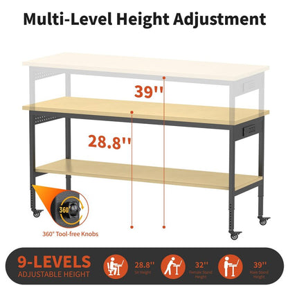 60" Adjustable Height Workbench,9-Level Heavy Duty Work Table with Storage Shelf Pegboard LED Light & Built-in Power Strip, 2010 lbs Load Capacity Rolling Tool Bench for Garage Workshop