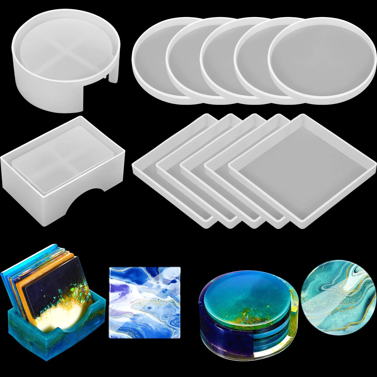 Patelai 12 Pcs Resin Molds Silicone Kit Epoxy Resin Molds Summer Coaster Mold Storage Box Mold in Rectangle Round Silicone Casting Mould for Art Summer DIY Jewelry Craft Cup Mat Home Decoration