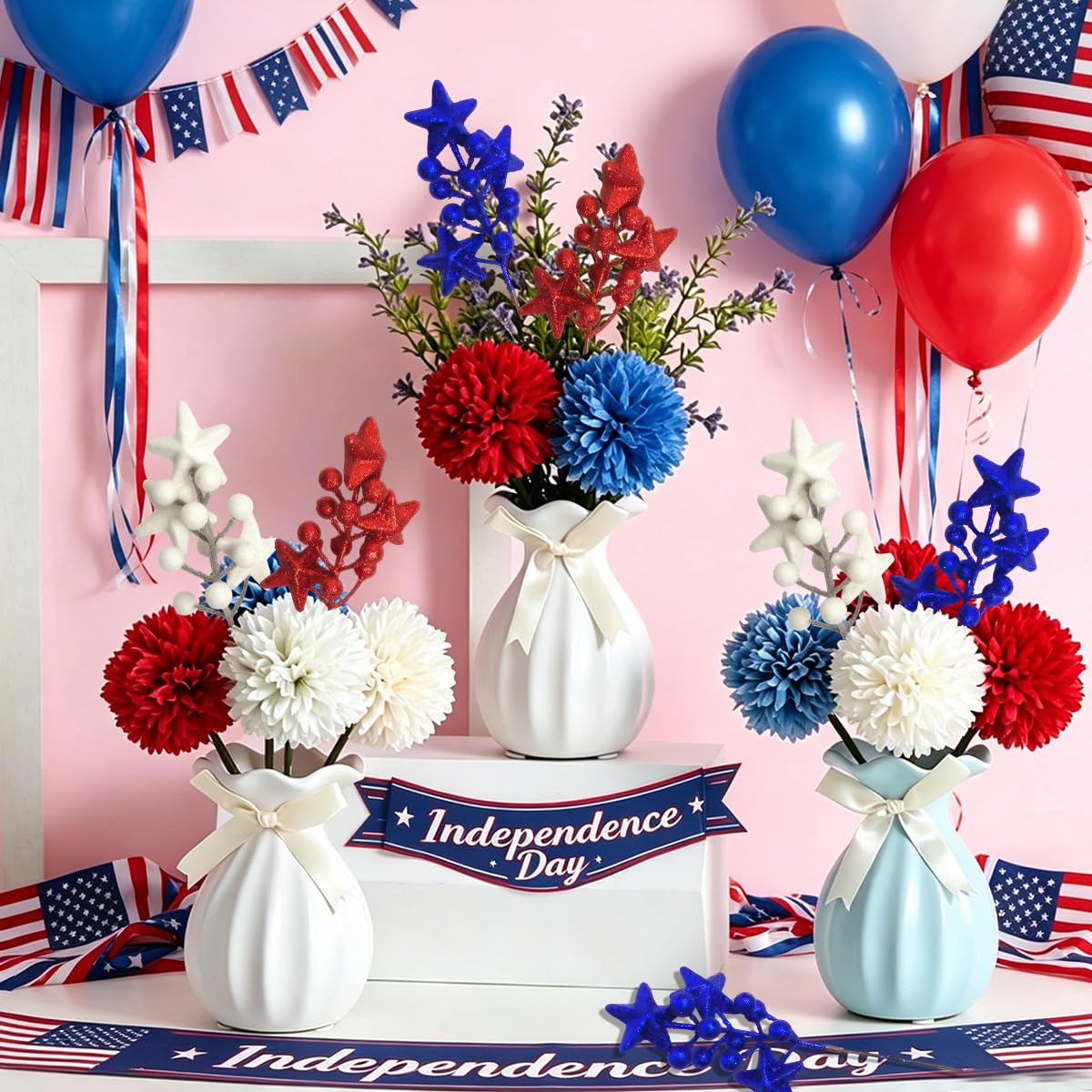 BASEMMAHER 6 Pcs Patriotic Glitter Puffy Star Berry Picks Foam Sparkly Sticks 4th of July Artificial Red White Blue Faux Berry Flower Branches for Independence Day Party Table Centerpieces Vase Decor