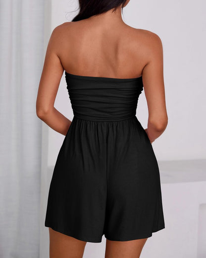 BTFBM Womens Romper Summer 2026 Strapless Tube Tops Beach Vacation Clothes Boho Loose Spring Shorts Jumpsuits Pockets(Black, Medium)