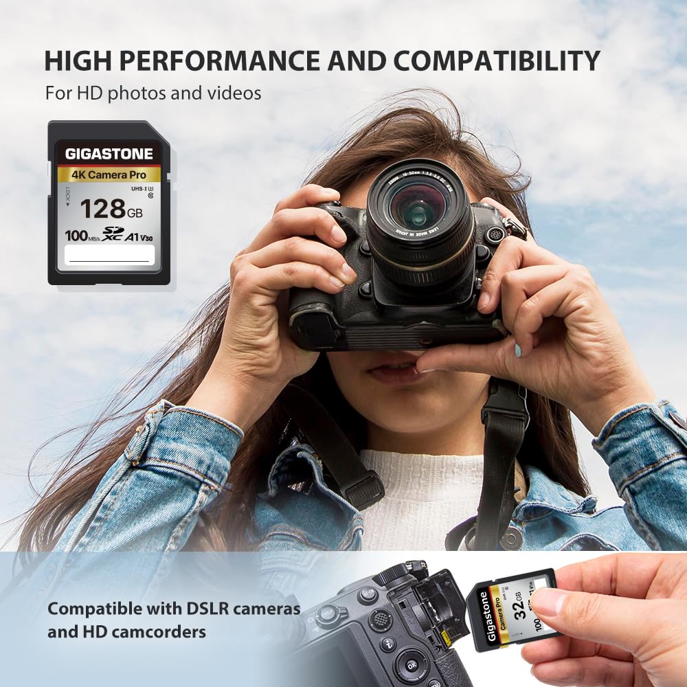 【5-Years Data Recovery】 GIGASTONE 128GB SD Card, 4K Camera Pro, UHS-I A1 V30 U3 Class 10 SDXC Memory Card 4K UHD Video Compatible with Digital Camera, Full-Sized SD Card, with 1 Mini Case