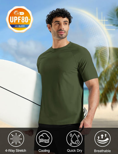 MAGCOMSEN Mens Short Sleeve Dry Fit T-Shirts UPF 80+ Athletic Moisture Wicking Lightweight Workout Running Swim Shirts Army Green L