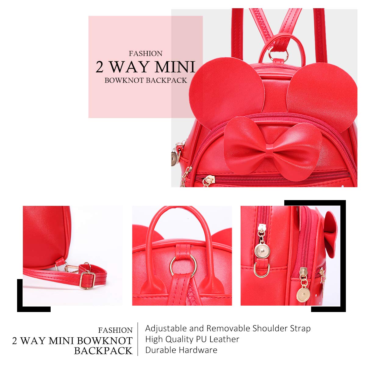 KL928 Girls Mini Backpack Bowknot Polka Dot Cute Small Daypacks Convertible Shoulder Bag Purse for Women