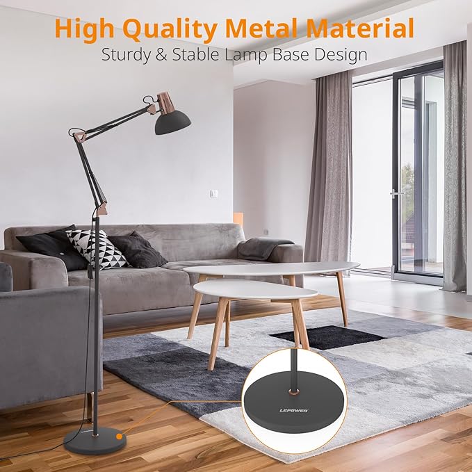 LEPOWER Metal Floor Lamp, Adjustable Swing Arm Floor Lamps with Heavy Duty Base, Architect Reading/Standing Lamp for Living Room with On/Off Switch, Office, BedroomStudy Room, Drawing Sand Black