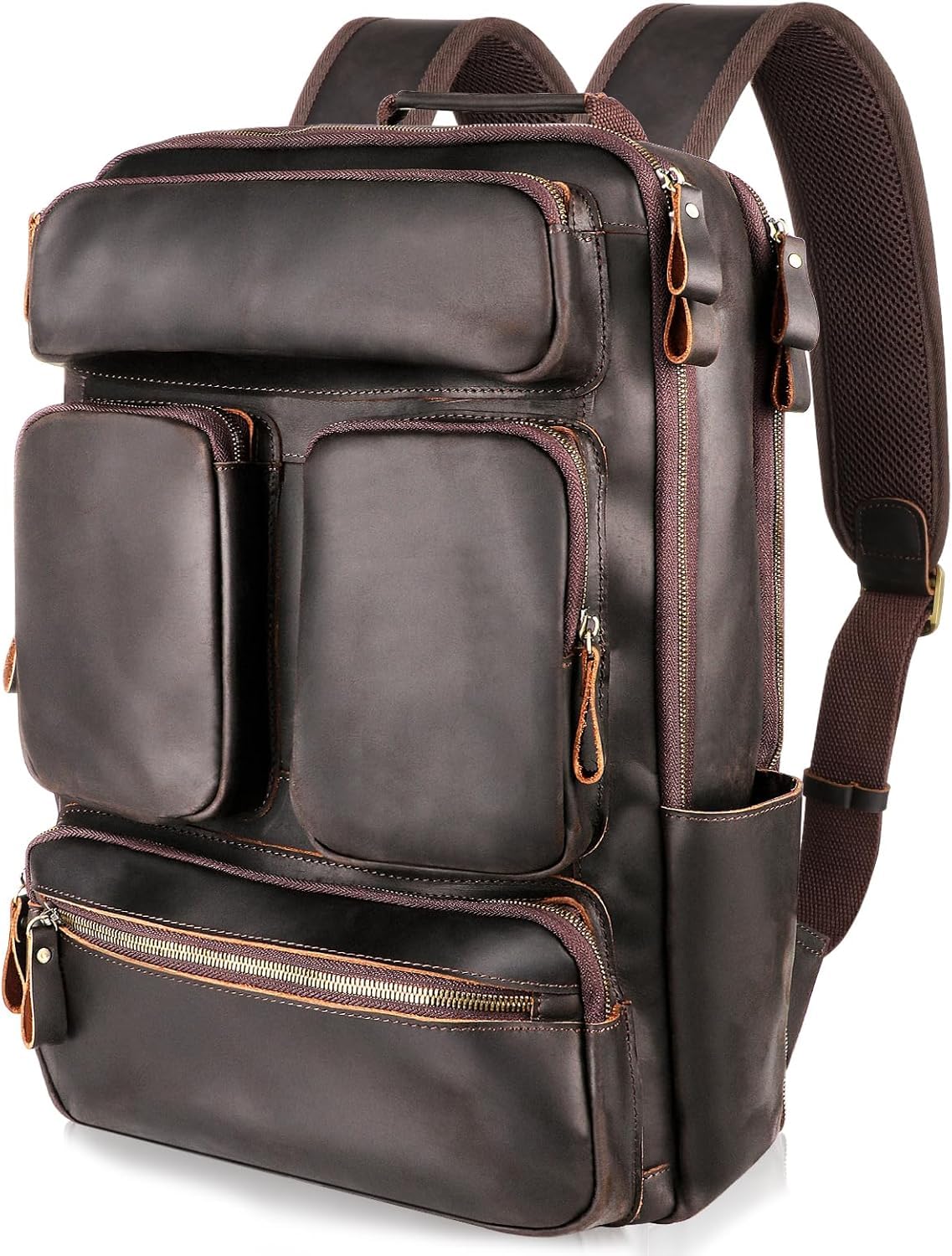 Fshsup Vintage Genuine Leather Backpack for Men 17.3" Laptop Bag Full Grain Leather Backpack Travel Weekender Hiking Shoulder Daypacks Overnight Weekender Rucksack
