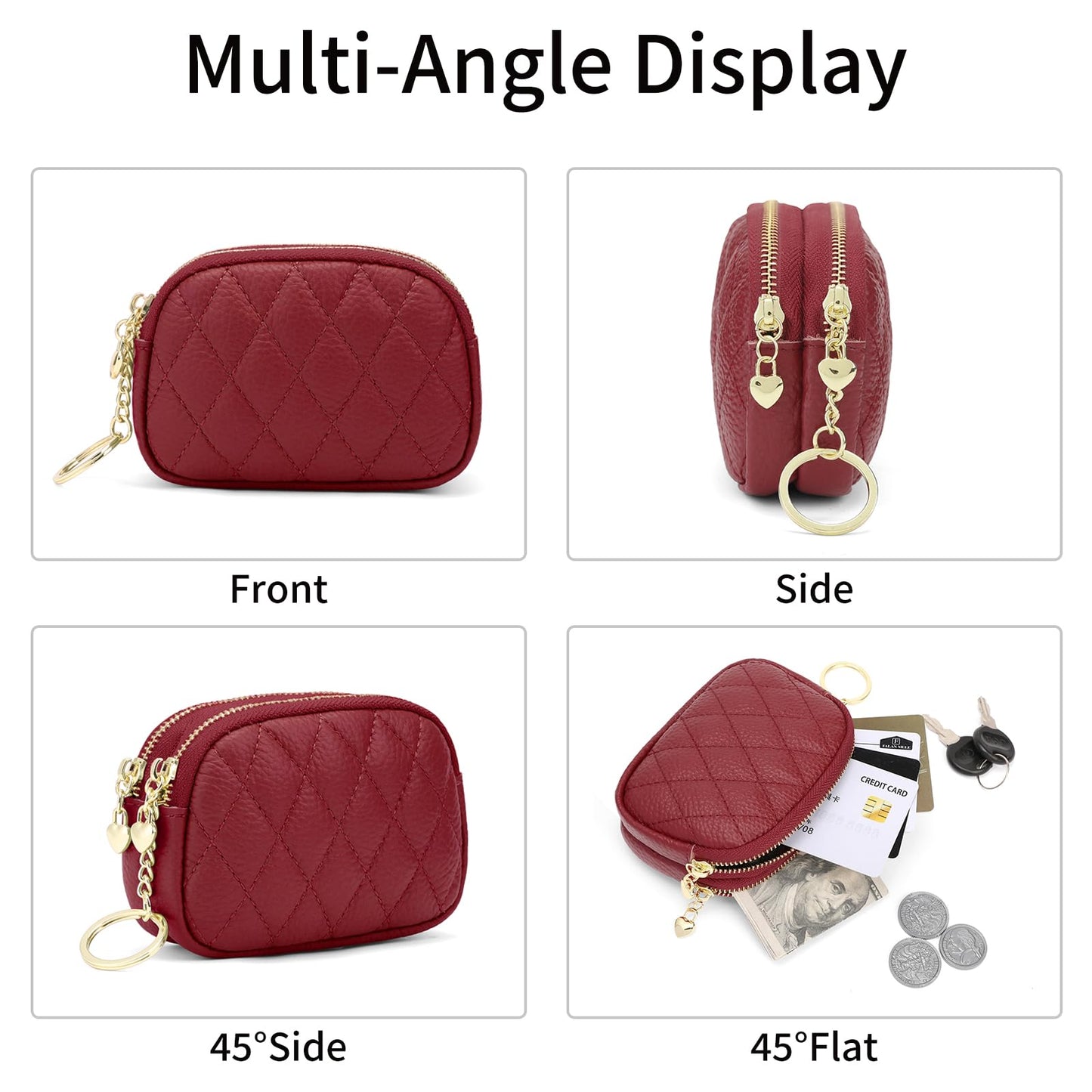 SENDEFN Women's Coin Purse Genuine Leather Wallet Small 2 Zippers Change Pouch Purse with Keychain Ring